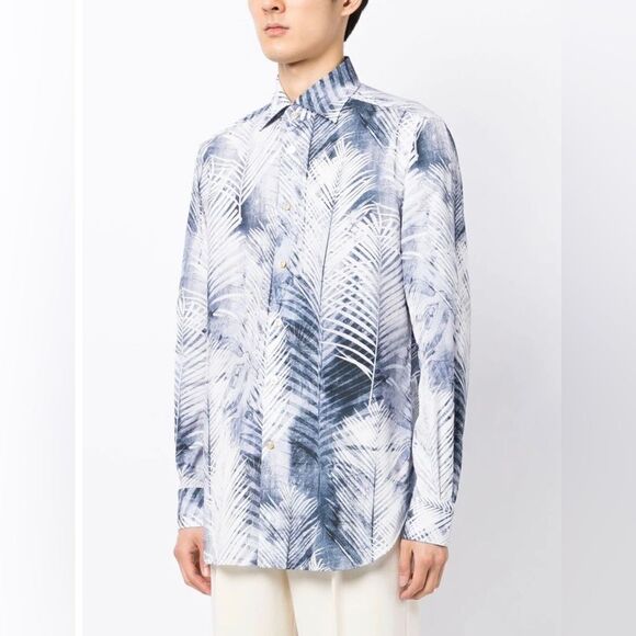 Kiton  Palm Tree Print Button-Up Shirt size 39/15.5 - Picture 2 of 12